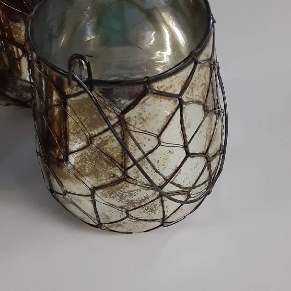 Terrain Lanterns, Rustic Cottage Style, 3 Set, Wire & Mercury Glass, Handle, NEW